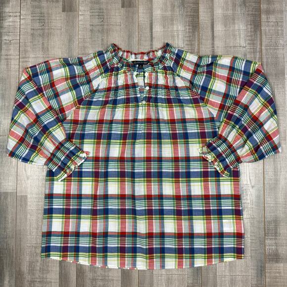 Brooks Brothers L/S Blouse Top Womens Medium Plaid Colorful Smocked Neck Peasant - Picture 1 of 11